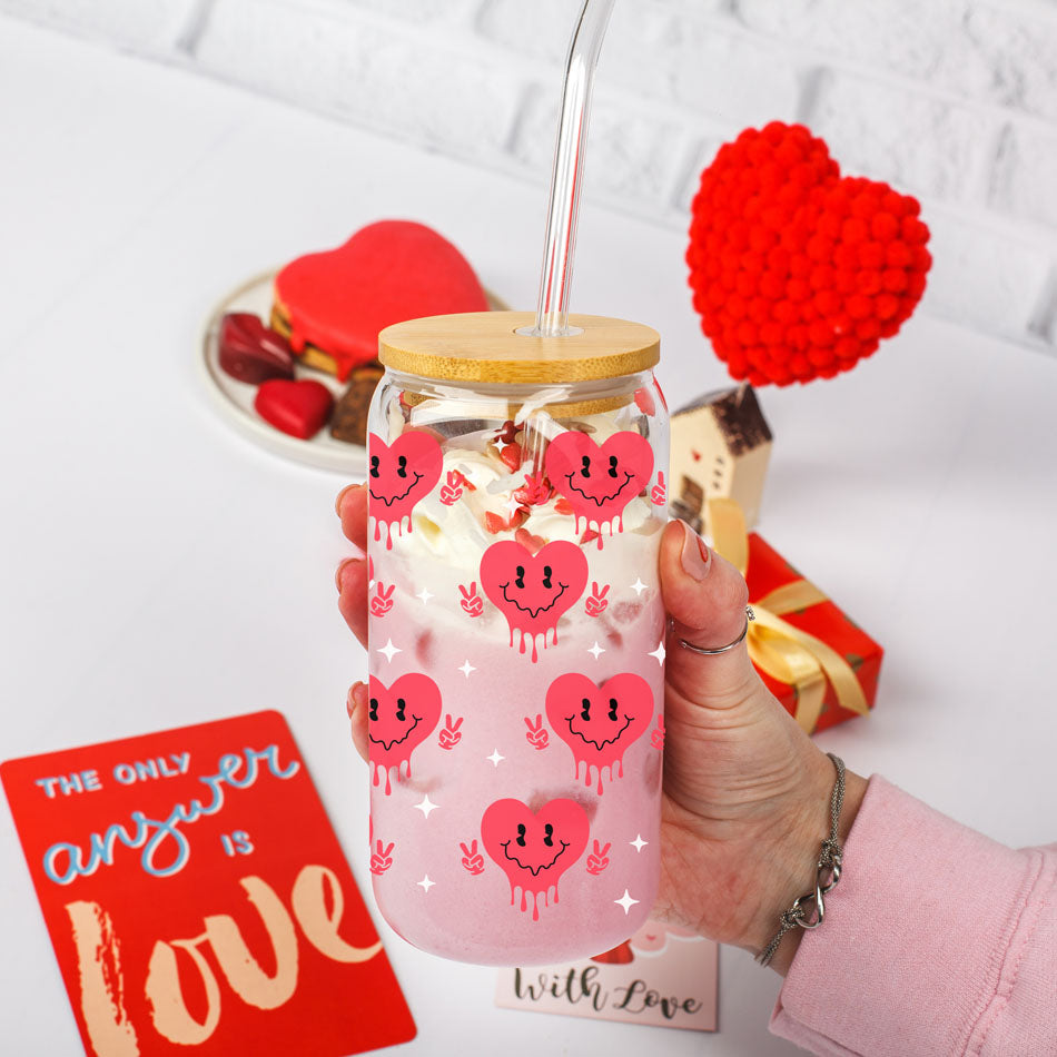 Wholesale 20oz glass cups with red smiley face candy hearts and peace sign.
Bold and empowering wholesale Valentineās Day gifts for women.
Galentineās Day wholesale glass cups with retro candy heart designs.